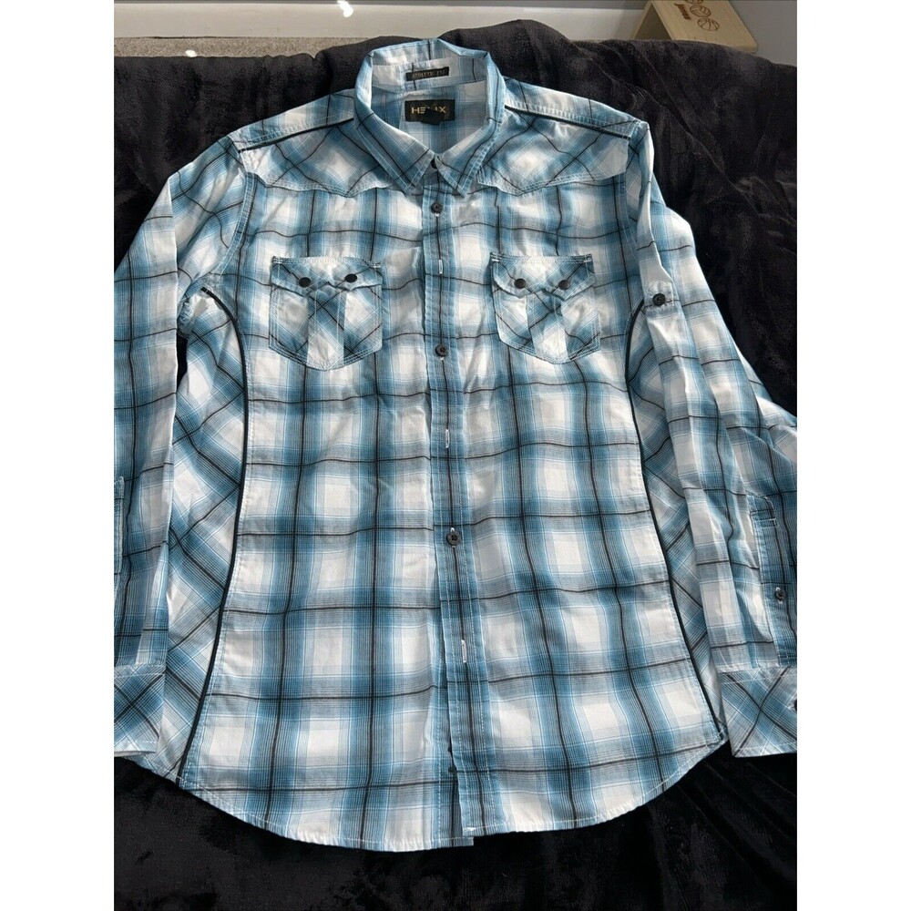 Helix Mens Large Black Blue and White Plaid Button Up Shirt